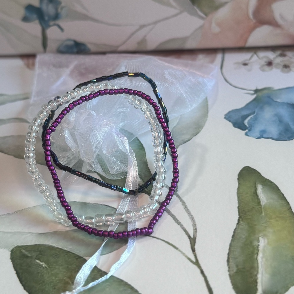 Purple and Clear Beaded Bracelets Set
